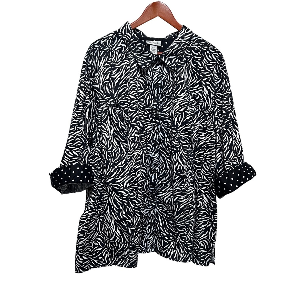 Catherines Women Animal Print Polka Dot Button Up Tunic 4X Black Maximalist Chic